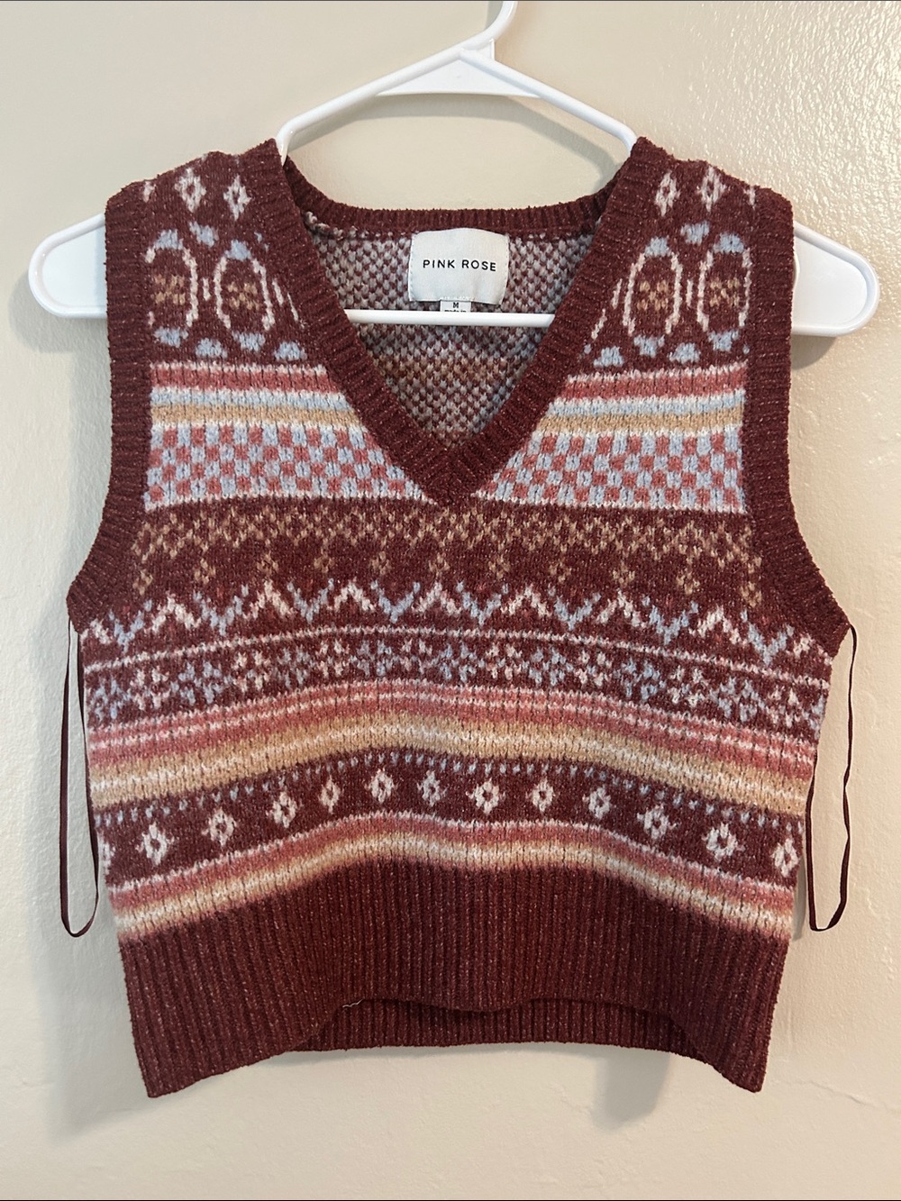 Pink Rose Maroon Patterned Fair Isle Knit Vest